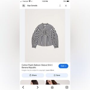 RARE. Banana Republic Cotton Poplin Striped Balloon-Sleeve Shirt